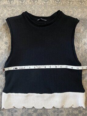 Zara Black Sleeveless Knit Top with White Scalloped Hem - L